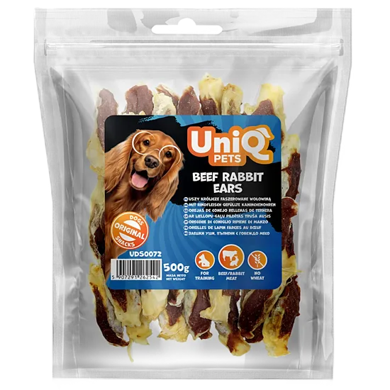 UNIQ PETS DOG SNACKS MEATY beef rabbit ears - gardums suņiem, trušu ausis pildītas ar liellopu gaļu 500g