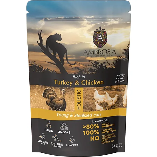 Ambrosia Grain Free Wet Food Cat Kitten & Adult Sterilized Turkey & Chicken - мitrā barība kaķēniem un pieaugušiem sterilizētiem kaķiem ar tītaru un vistu 85g