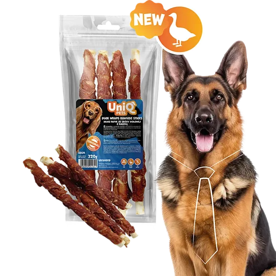 UNIQ PETS DOG SNACKS RAWHIDE 320g duck wraps rawhide sticks 28cm - Gardums suņiem, savīti liellopa jēlādas stienīši ar pīles gaļu