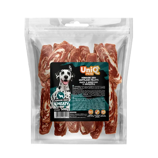 UNIQ PETS DOG SNACKS MEATY venison and cartilage fillets bacon-like layers - gardums suņiem, brieža fileja 500g