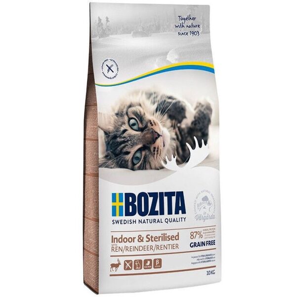 2kg Bozita Grain Free Indoor & Sterilized Reindeer - bezgraudu sausā barība ar ziemeļbriedi sterilizētiem kaķiem