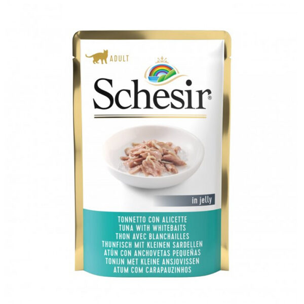Schesir Cat Tuna with Whitebaits, 85g - tuncis un salaka (sņitka) želejā