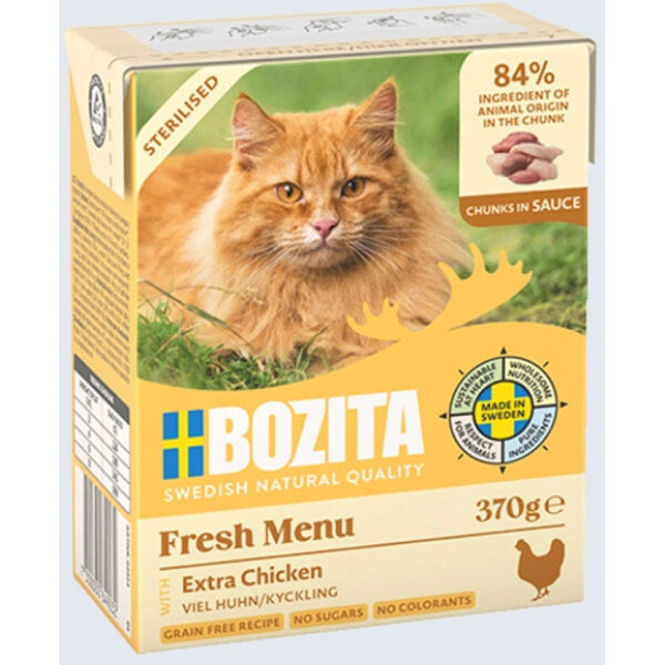 Bozita Fresh Menu Extra Chicken Sauce Sterilized, 370g - bezgraudu gaļas gabaliņi ar vistu mērcē sterilizētiem kaķiem