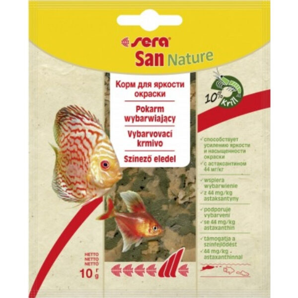 SERA San Nature, 10g - усиливающий яркость окраса корм для рыб - хлопья