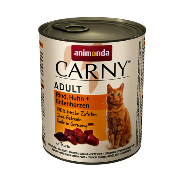 Animonda Carny Adult  Rind, Huhn + Entenherzen, 800g - konservi kaķiem (liellops, vista, pīļu sirsniņas) 
