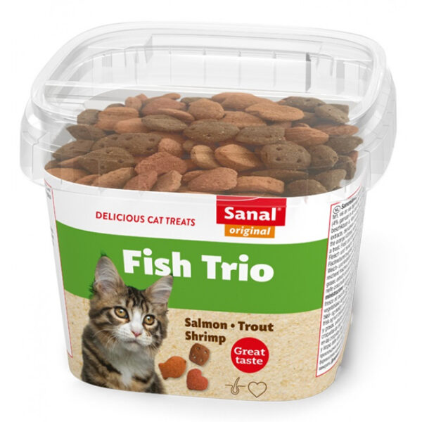 Sanal Fish Trio, 75g - kraukšķīgi gardumi ar lasi, foreli un garnelēm kaķiem