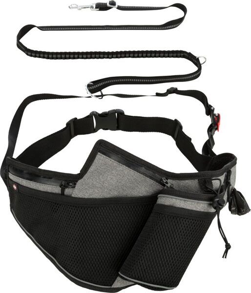 Pavada skriešanai ar somu : Trixie Jogging belt with leash, belt: 70–130 cm/23 cm, leash: 1.15–1.50 m/20 mm, grey/black