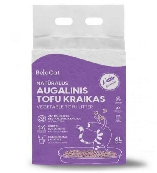 BelCat Tofu Clumping Cat Litter Lavender, 6l - dabīgi granulēti kaķu pakaiši ar lavandas aromātu 