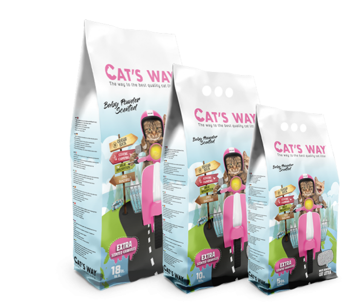Cats way White Cat Litter Baby Powder 10l (8.5kg)l - cementējošās smiltis  ar maigu bērnu pūdera smaržu