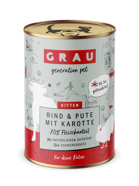 GRAU Kitten Rind & Pute Mit Karotte 400g - konservi kaķēniem ar liellopu, tītaru un burkāniem