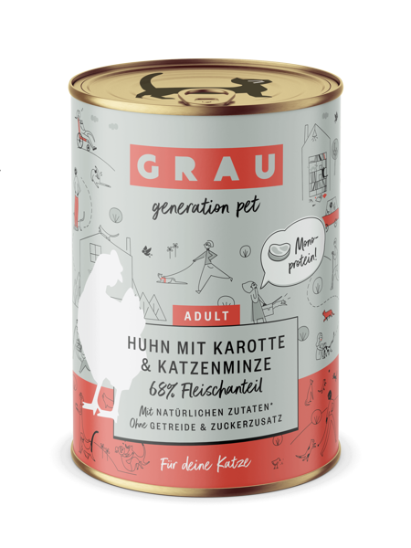GRAU Huhn mit Karotte & Katzenminze 400g - bezgraudu monoproteīna konservi kaķiem ar vistas gaļu, burkāniem un kaķumētru
