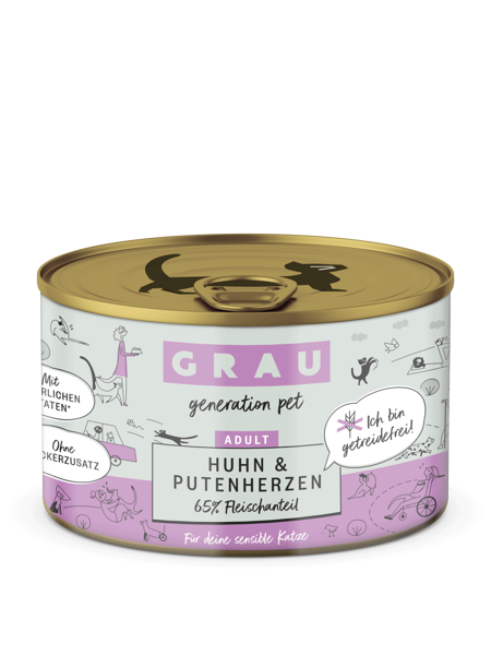 GRAU Huhn & Putenherzen 200g - bezgraudu konservi kaķiem ar tītara sirdīm un vistas gaļu