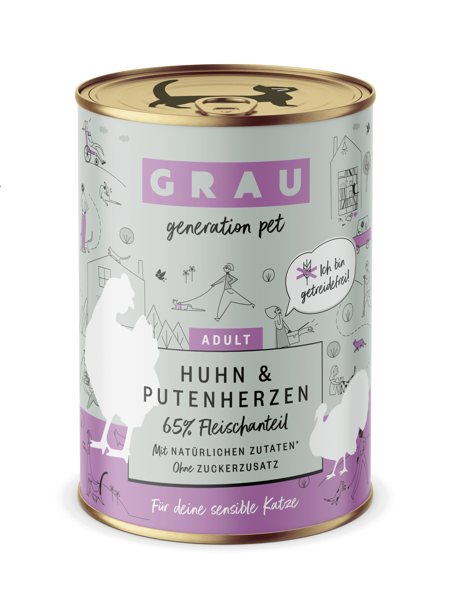 GRAU Huhn & Putenherzen 400g - bezgraudu konservi kaķiem ar tītara sirdīm un vistas gaļu