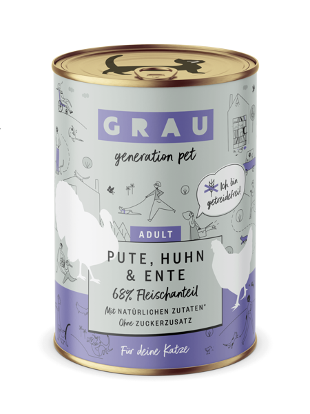 GRAU Pute, Huhn & Ente 400g - bezgraudu konservi kaķiem ar tītaru, vistu un pīli