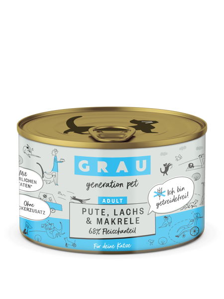 GRAU Pute, Lachs & Makrele 200g - bezgraudu konservi pieaugušiem kaķiem ar tītaru, lasi un skumbriju