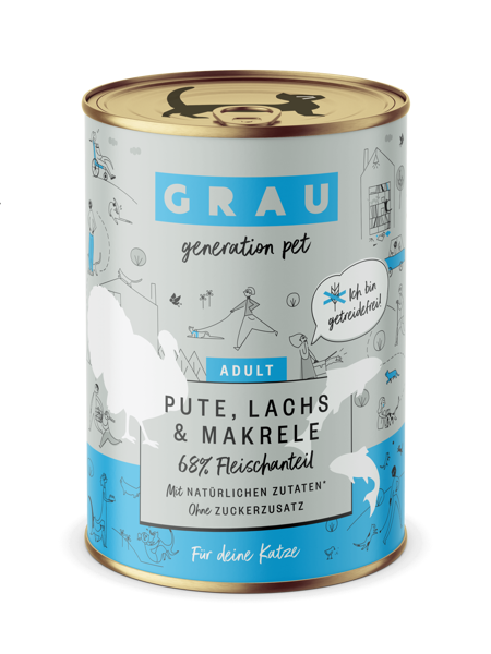 GRAU Pute, Lachs & Makrele 400g - bezgraudu konservi pieaugušiem kaķiem ar tītaru, lasi un skumbriju
