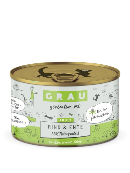 GRAU Rind & Ente 200g - bezgraudu konservi jutīgiem pieaugušiem kaķiem ar liellopu un pīli