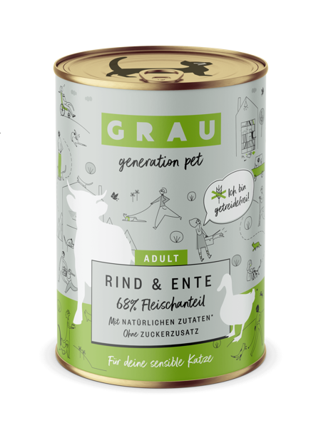 GRAU Rind & Ente 400g - bezgraudu konservi jutīgiem pieaugušiem kaķiem ar liellopu un pīli