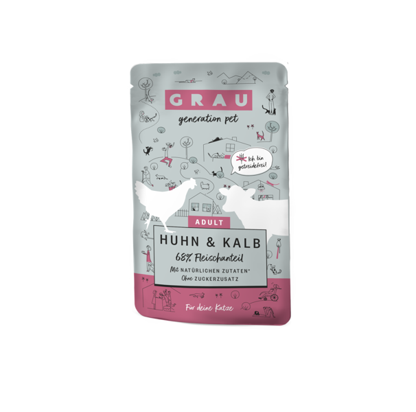 GRAU Huhn & Kalb 125g - bezgraudu konservi pieaugušiem kaķiem ar vistu un teļa gaļu