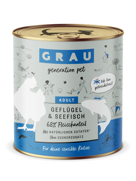 GRAU Geflügel & Seefisch 800g - bezgraudu konservi pieaugušiem kaķiem ar mājputnu un jūras zivi