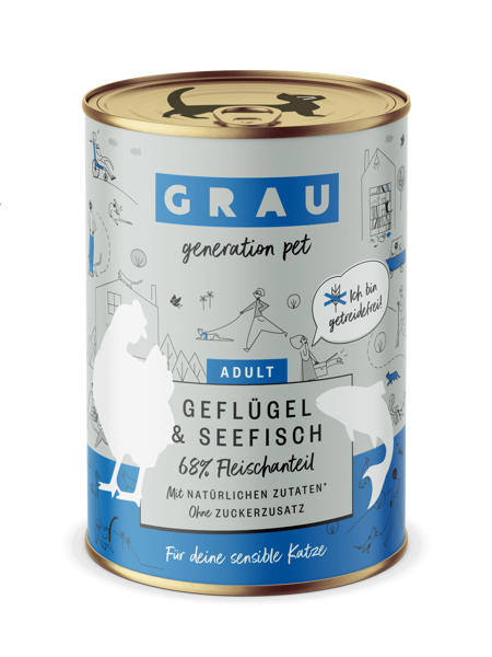 GRAU Geflügel & Seefisch 400g - bezgraudu konservi pieaugušiem kaķiem ar mājputnu un jūras zivi