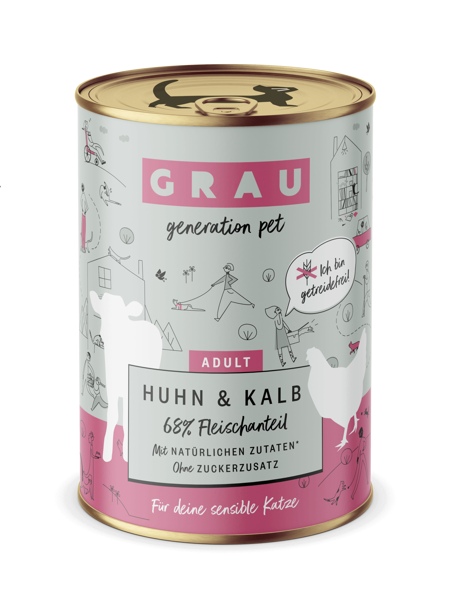 GRAU Huhn & Kalb 400g - bezgraudu konservi pieaugušiem kaķiem ar vistas un teļa gaļu
