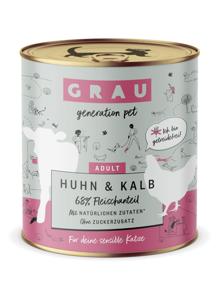 GRAU Huhn & Kalb 800g - bezgraudu konservi pieaugušiem kaķiem ar vistas un teļa gaļu