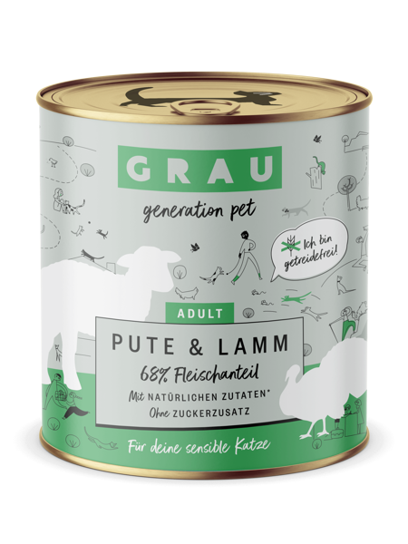 GRAU Pute & Lamm 800g - bezgraudu konservi pieaugušiem kaķiem ar tītaru un jēru