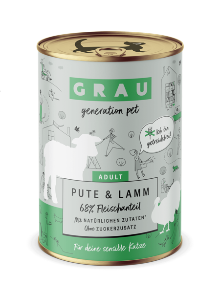 GRAU Pute & Lamm 400g - bezgraudu konservi pieaugušiem kaķiem ar tītaru un jēru