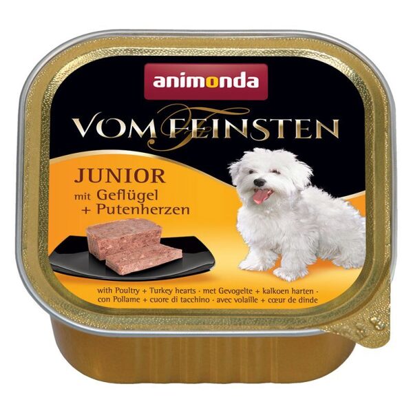 Vom Feinsten Junior Poultry and Turkey hearts, 150 g - влажный корм с мясом птицы и сердцем индейки для щенков до 1 года