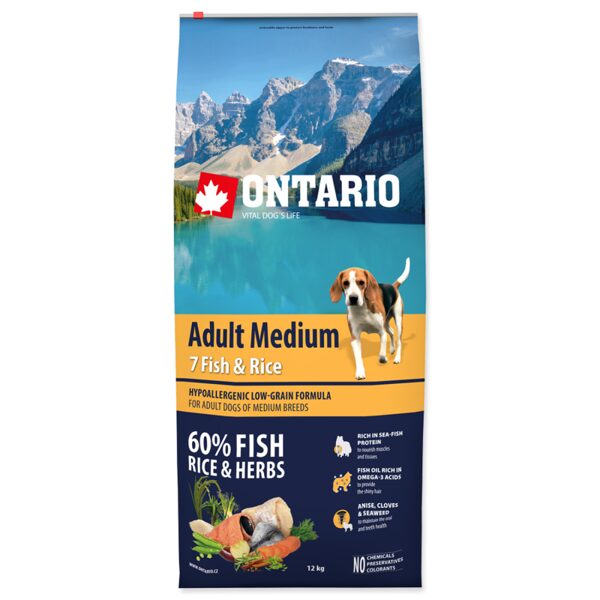 Ontario Dog Adult Medium Fish and Rice, 12 kg -  sausā barība ar zivi un rīsiem pieaugušiem vidēju šķirņu suņiem