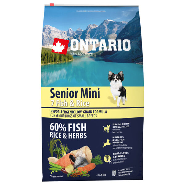  Ontario Dog Senior Mini Fish and Rice, 6.5 kg - sausā barība ar zivi un rīsiem mazu šķirņu suņiem senioriem