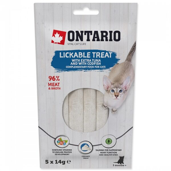Ontario Lickable Treats with Tuna and Codfish, 5 x 14 g - Krēmveida gardums ar tunci un mencu kaķiem no 3 mēnešu vecuma