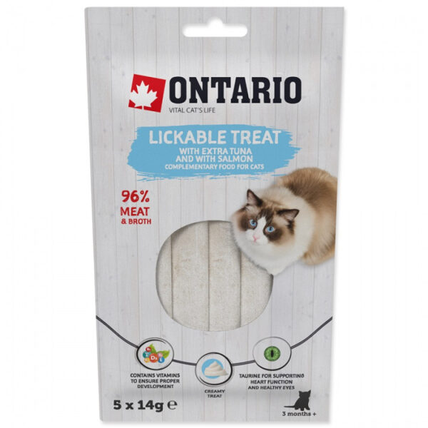 Ontario Lickable Treats with Tuna and Salmon, 5 x 14 g - Krēmveida gardums ar tunci un lasi kaķiemno 3 mēnešu vecuma