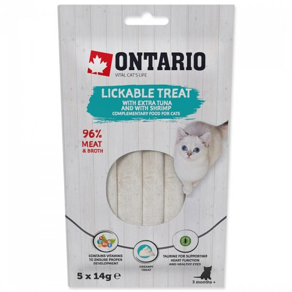 Ontario Lickable Treats with Tuna and Shrimp, 5 x 14 g - Krēmveida gardums ar tunci un garnelēm kaķiem no 3 mēnešu vecuma