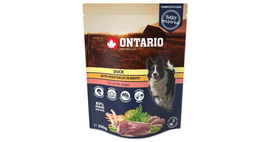 Ontario Dog Duck with vegetables in broth, 300 g - Super Premium klases mitrā barība ar pīles gaļu buljonā suņiem un kucēniem no 2 mēnešiem