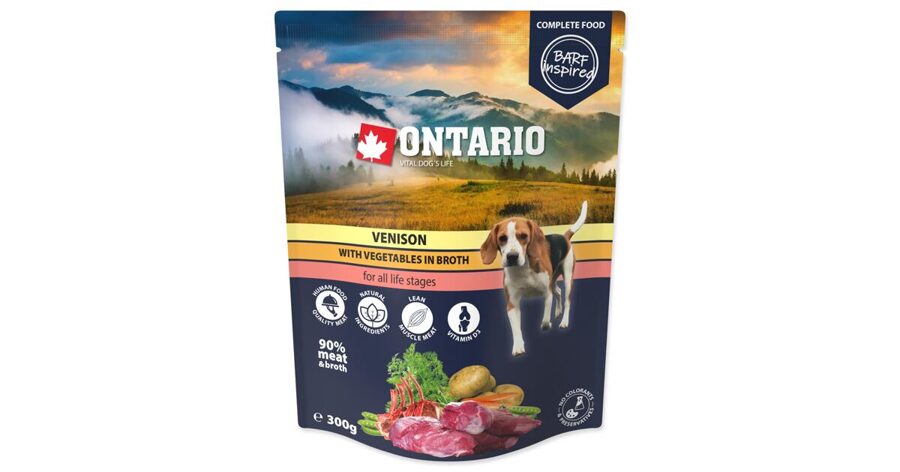 Ontario Dog Venison with vegetables in broth, 300 g - uper Premium klases mitrā barība ar brieža gaļu buljonā pieaugušiem suņiem un kucēniem no 2 mēnešiem