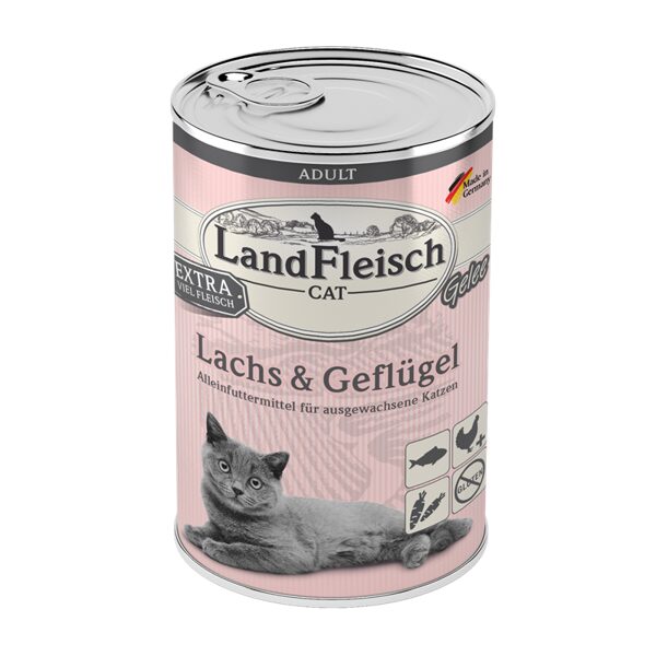 LandFleisch Cat Adult Jelly Salmon & Poultry 400g – konservi kaķiem ar mājputnu gaļu un lasi želejā 