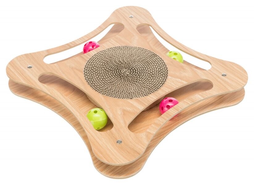 Trixie Scratching cardboard with toys, wood, 35 × 4 × 35 cm - Interaktīva koka rotaļlieta kaķiem ar bumbām un asināmo