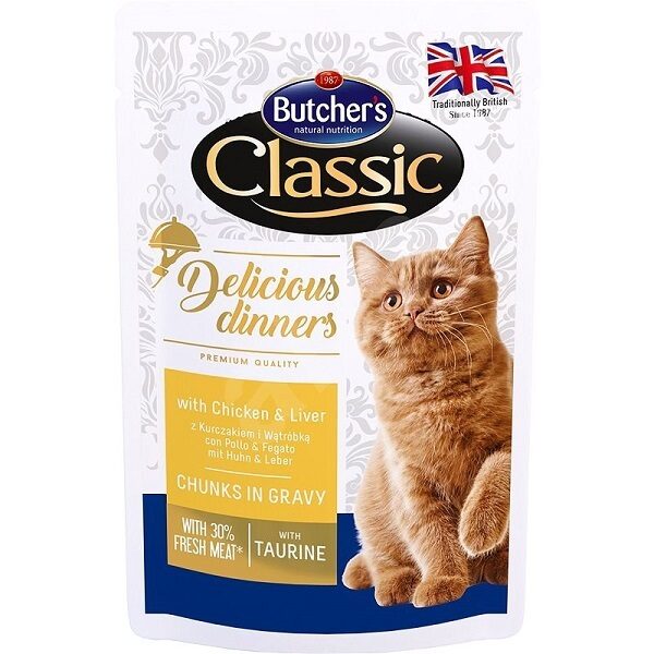 Konservēta barība kaķiem - Butchers CAT Classic Delicious Dinners with Chicken&Liver CIG 100g, pouch