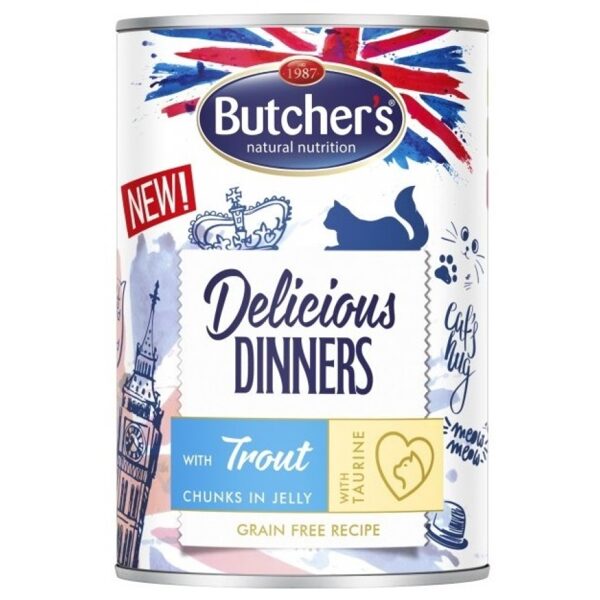 Butchers CAT Delicious Dinners with trout chunks in Jelly 400g