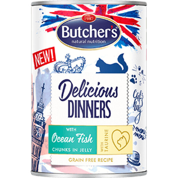 Butchers CAT Delicious Dinners with sea fish chunks in Jelly 400g