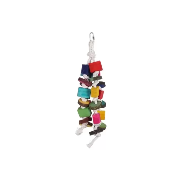 FLAMINGO  Pakaramā rotaļlieta papagailim  ar krāsainām koka krellēm un 4 virvēm