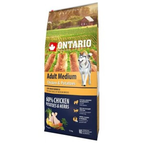 ONTARIO Dog Adult Medium Chicken & Potatoes, 12 kg - sausā barība ar vistu un kartupeļiem pieaugušiem vidēju šķirņu suņiem