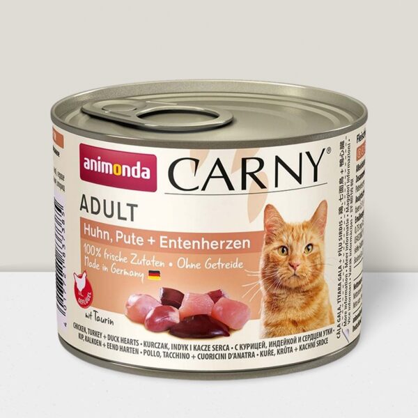 Animonda Carny Adult Chicken, Turkey + Duck Hearts , 200 g - konservi kaķiem ar vistu, tītaru un pīles sirdīm