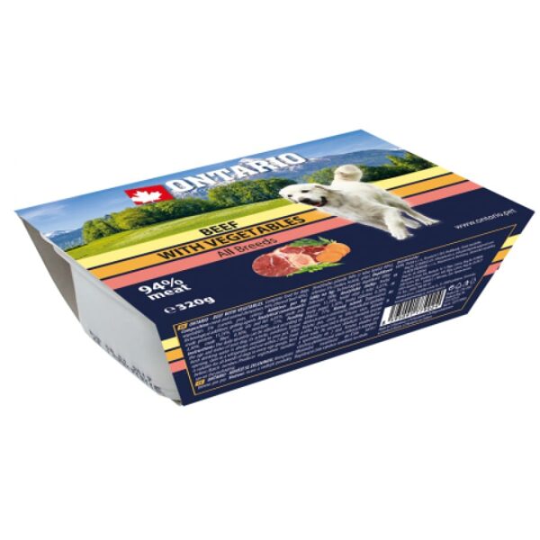Ontario Dog Alucup Beef with vegetable, 320g - влажный корм Супер Премиум класса с говядиной и овощами для взрослых собак всех пород.