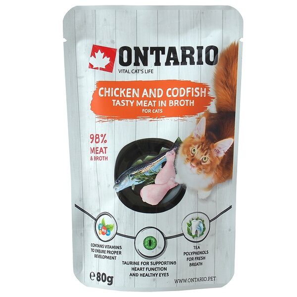 Konservi kaķiem - Ontario Pouch Chicken and Codfish in Broth, 80 g