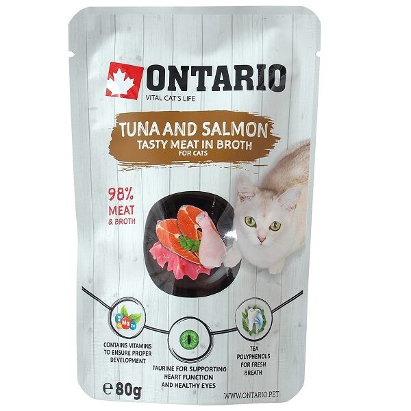 Konservi kaķiem - Ontario Pouch Tuna and Salmon in Broth, 80 g
