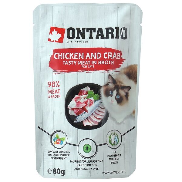 Konservi kaķiem - Ontario Pouch Chicken and Crab in Broth, 80 g