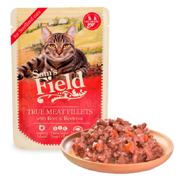 Sam´s Field CAT POUCH for sterilized cats with Beef Fillets/beetroot 85g.
